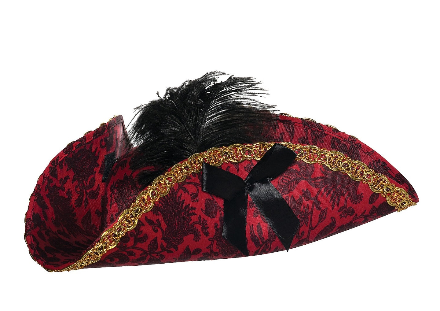 Black & Red Fancy Tricorne Hat with Feather